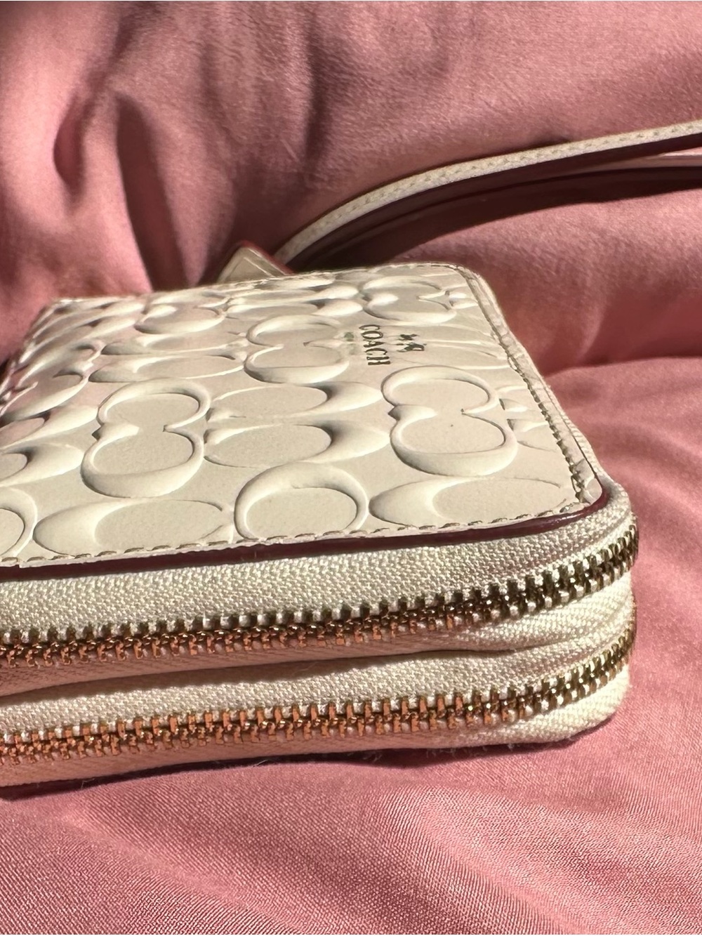Coach Chalk Embossed Signature Leather Double Zip Wristlet Wallet White - Picture 8 of 10